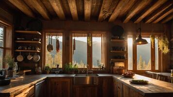 Cozy kitchen with wooden decor, large windows, and mountain views, filled with plants and utensils. photo
