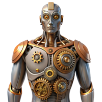 intense beautiful Steampunk robotic torso with exposed gears and intricate wiring. NO BACKGROUND with Transparent Background. genuine png