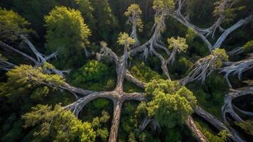 Aerial view of sprawling trees with intricate branches in a lush forest. photo