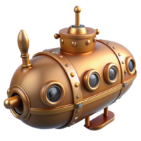 radiant avant-garde Steampunk submarine miniature with intricate details and portholes. NO BACKGROUND with Transparent Background. 4K png