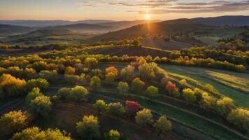A serene landscape at sunset, showcasing rolling hills and colorful autumn foliage. photo