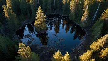 A serene forest pond surrounded by tall trees reflecting in the water. photo