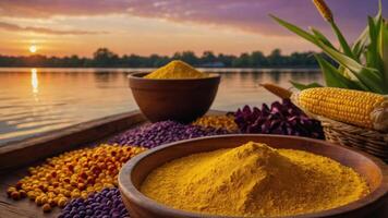 Vibrant bowls of spices and grains by a serene lakeside at sunset. photo