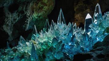 A stunning display of crystalline formations illuminated in a cave setting. photo