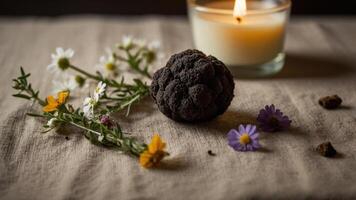 A serene arrangement featuring a candle, flowers, and a textured object on a cloth surface. photo