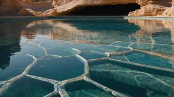 A tranquil pool with a hexagonal pattern reflecting cave formations. photo