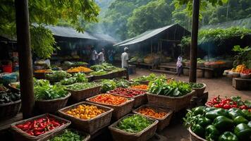 A vibrant market scene showcasing fresh vegetables and fruits in baskets under leafy canopies. photo