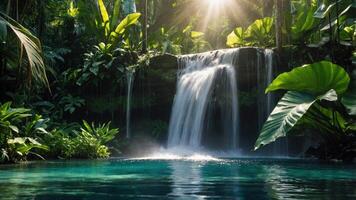 A serene waterfall cascading into a tranquil pool surrounded by lush tropical foliage. photo