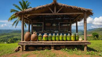 A rustic stand displaying jars of green liquid against a scenic landscape. photo