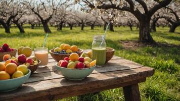 A picnic setting with fresh fruits and drinks in a blooming orchard. photo