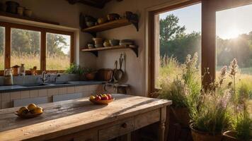 A cozy kitchen with natural light, rustic decor, and fresh produce on a wooden table. photo