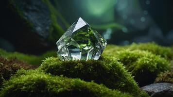 A crystal sits atop lush green moss, illuminated by soft light in a serene environment. photo