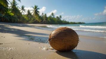 A coconut rests on a sandy beach with palm trees and ocean waves in the background. photo