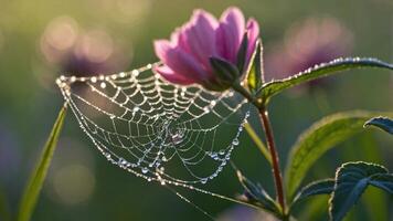 A delicate spiderweb adorned with dew, resting on a flower in a serene natural setting. photo