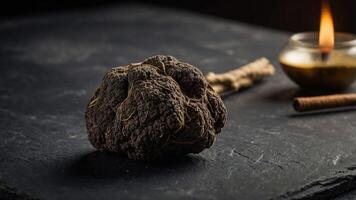 A dark, textured truffle on a slate surface with a candle and cinnamon stick nearby. photo