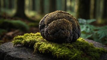 A dark, textured truffle resting on moss in a serene forest setting. photo