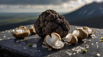 A truffle surrounded by mushroom shells and salt on a rocky surface with a mountainous backdrop. photo