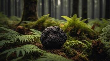 A dark truffle resting on lush ferns in a misty forest environment. photo