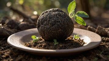 A textured, spherical object on a plate, surrounded by soil and small green plants. photo
