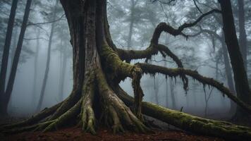 A majestic tree with moss-covered roots in a foggy forest, evoking a mystical atmosphere. photo