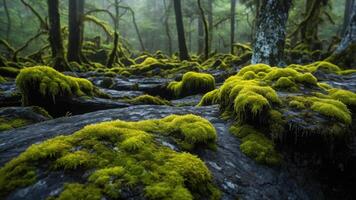 A lush forest floor covered in vibrant green moss and fallen logs, creating a serene atmosphere. photo