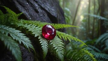 A vibrant ruby gem rests on lush green ferns in a serene forest setting. photo