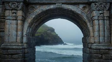 A stone archway frames a misty coastal landscape with waves crashing against the shore. photo