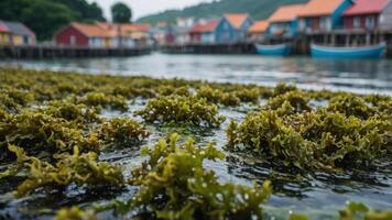 A serene coastal scene featuring seaweed in the foreground and colorful houses on stilts. photo