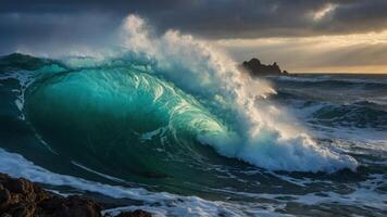 A powerful ocean wave crashing against rocks under dramatic lighting. photo