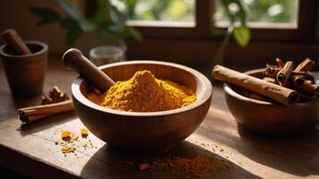 A wooden bowl filled with vibrant yellow spice, surrounded by cinnamon sticks and natural light. photo