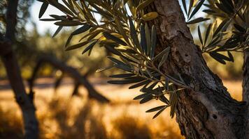 A close-up of an olive tree branch with a blurred background of golden fields. photo