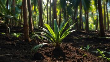 A young plant growing in a lush forest, symbolizing nature and growth. photo