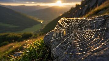 A close-up of a dew-covered spider web on a rock, with a scenic landscape in the background. photo