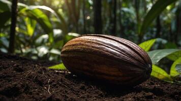 A cocoa pod resting on the soil in a lush rainforest, highlighting chocolate's natural source. photo