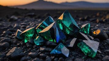 A cluster of sparkling green crystals resting on a rocky surface during sunset. photo