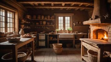 A rustic kitchen with wooden furniture, pottery, and a warm fireplace for cooking and gathering. photo