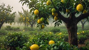 A serene lemon orchard with ripe lemons hanging from trees in a misty atmosphere. photo