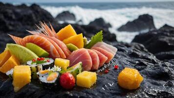 A vibrant sushi platter displayed on a rocky surface with ocean waves in the background. photo