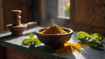 A bowl of vibrant turmeric powder with fresh basil leaves, creating an inviting culinary scene. photo