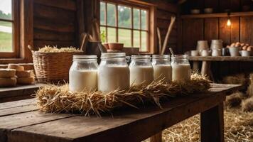 Jars of milk on a wooden table in a rustic barn setting. photo