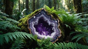 A large amethyst geode surrounded by lush ferns in a forest setting. photo
