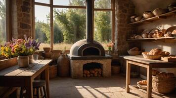 A rustic kitchen with a bread oven, wooden tables, and fresh flowers, creating a warm atmosphere. photo