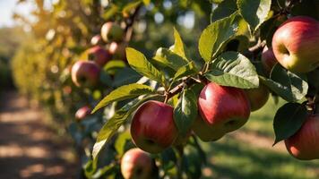 A close-up of red apples on a tree branch in an orchard. photo