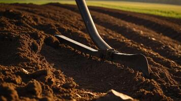 A close-up of a hoe resting on freshly tilled soil in a field. photo