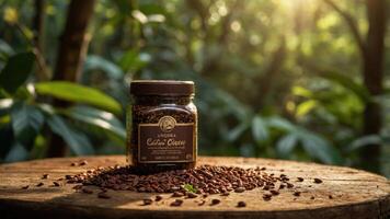 A jar of cocoa powder sits on a wooden surface surrounded by cocoa beans in a lush environment. photo
