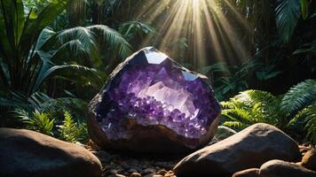 A large amethyst geode illuminated by sunlight in a lush, tropical setting. photo