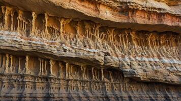 A close-up view of layered rock formations showcasing natural erosion patterns. photo