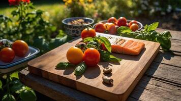 Fresh ingredients on a wooden board, featuring salmon, tomatoes, and basil in a garden setting. photo