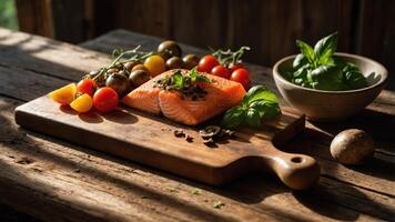 Fresh salmon fillet with colorful vegetables on a rustic wooden table. photo