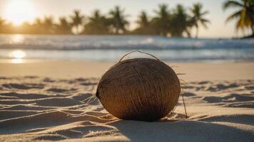 A coconut rests on sandy beach with a sunset and palm trees in the background. photo